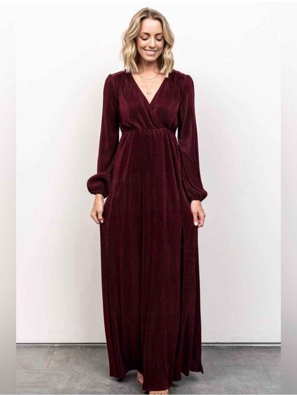 Baltic Born Venus Burgundy Pleated Velvet Maxi Dress Long Sleeve Wrap L EUC